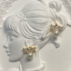 Freshwater Pearl & Triple CZ Bar Earrings – Lustrous Pearl Accent | Brass | New